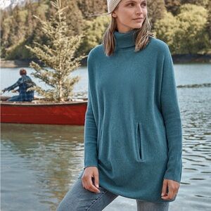 Garnet Hill Teal Haze Oversized Turtleneck Sweater Tunic Wool Cashmere Medium